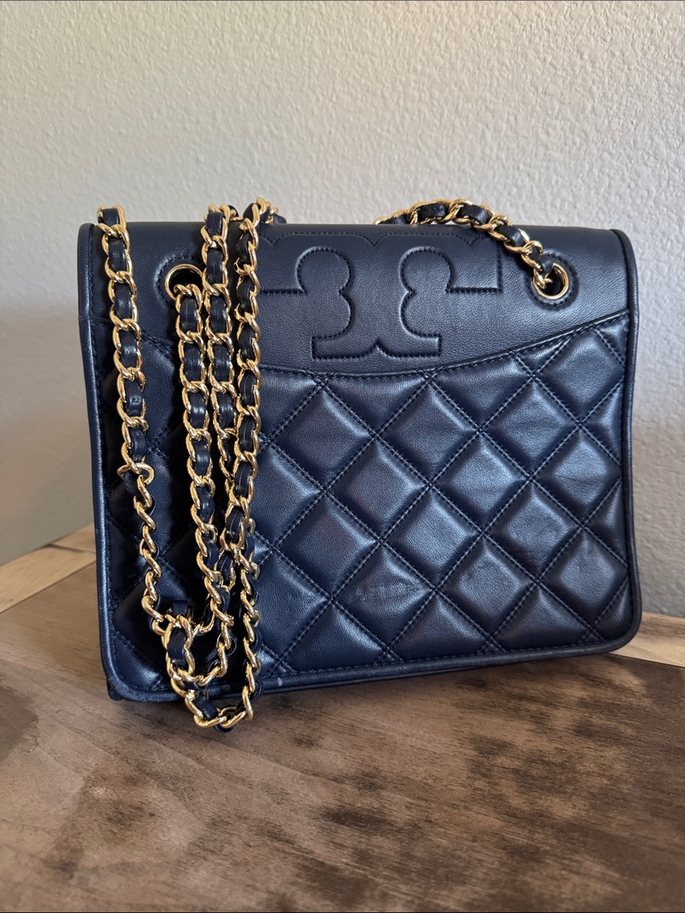 Tory Burch Navy Quilted Leather Shoulder Bag with Gold Chain